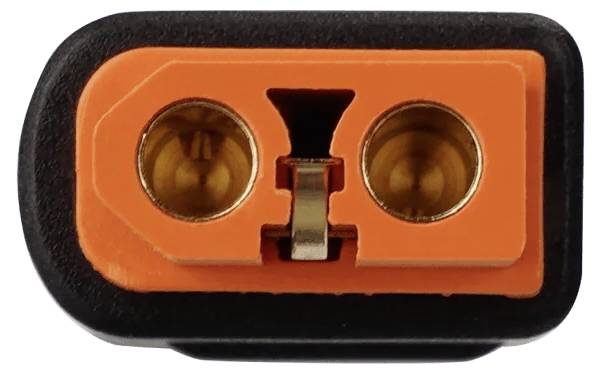 Gros plan d'un connecteur électrique à deux broches orange et noir avec deux alvéoles métalliques rondes et un loquet central.
