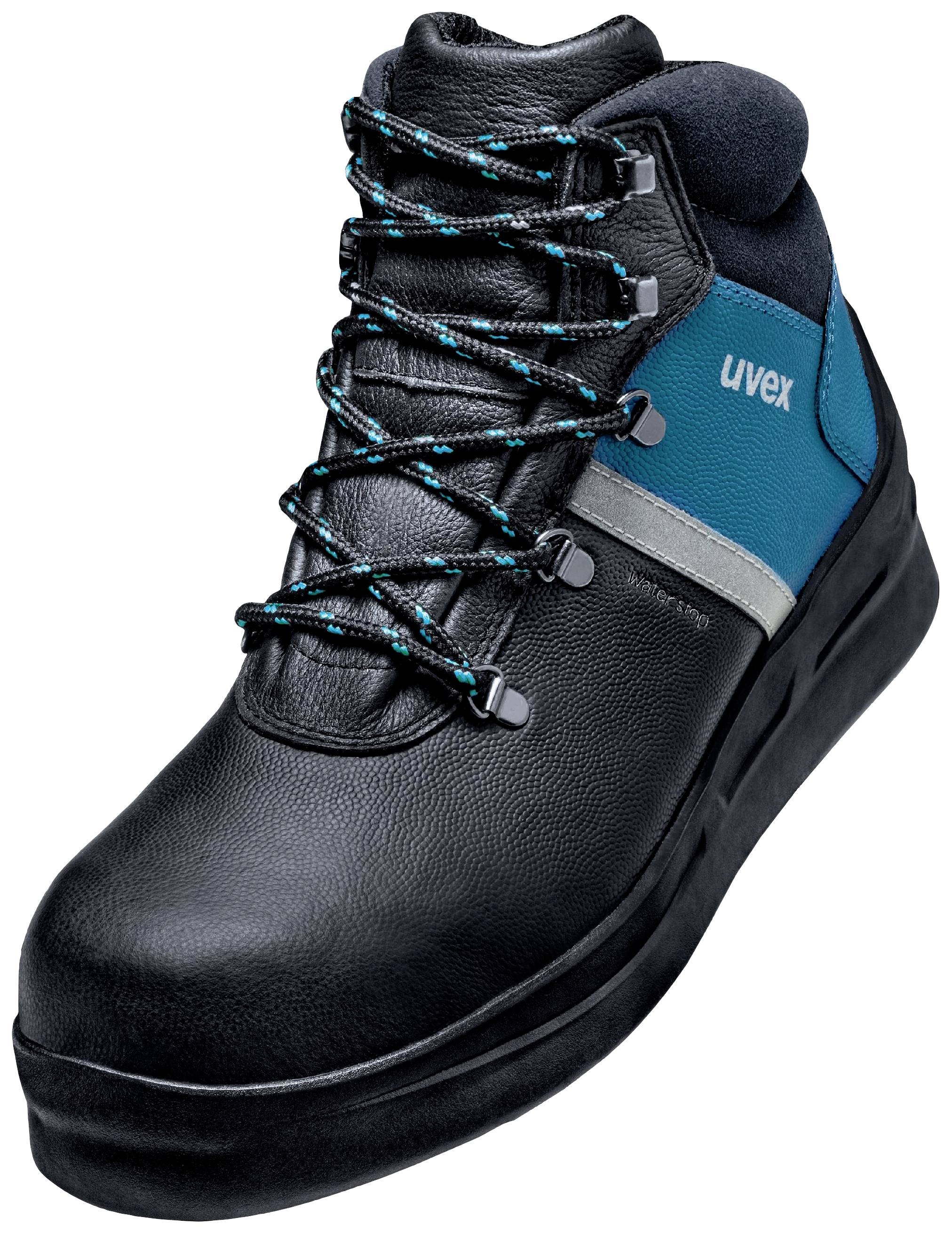 Chaussure de sécurité noire et bleue avec lacets et logo 'uvex' sur le côté, adaptée aux interventions dans des environnements à risques.
