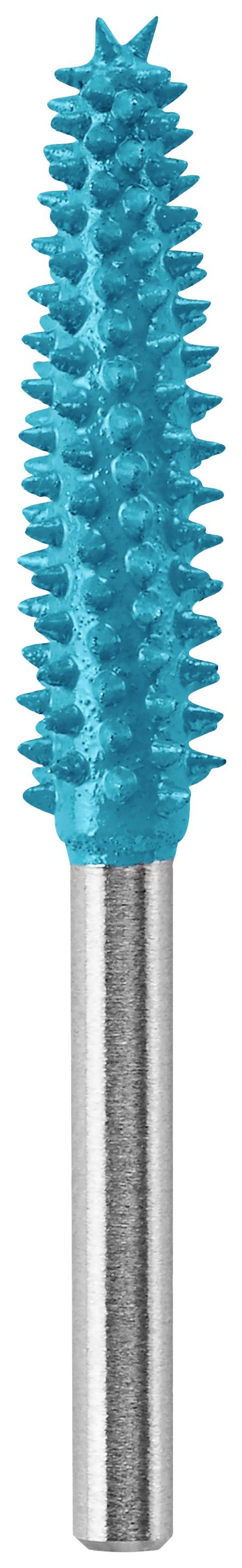 Fraise pointue bleue avec manche argenté, adaptée pour l'usinage précis des ongles ou des outils.