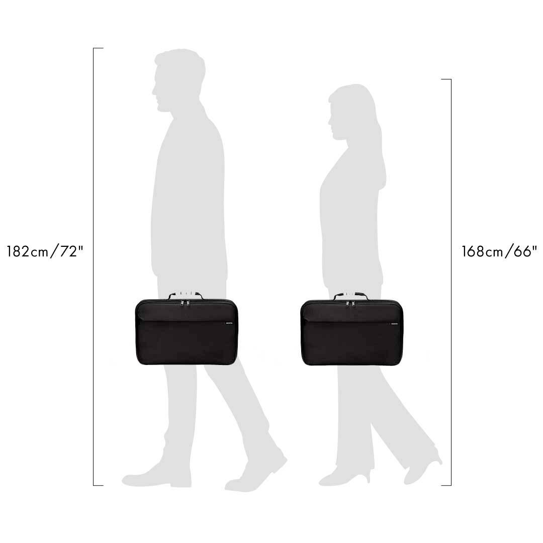 Deux figures schématiques portant des attaché-cases. La figure de gauche mesure 182 cm, la figure de droite mesure 168 cm.