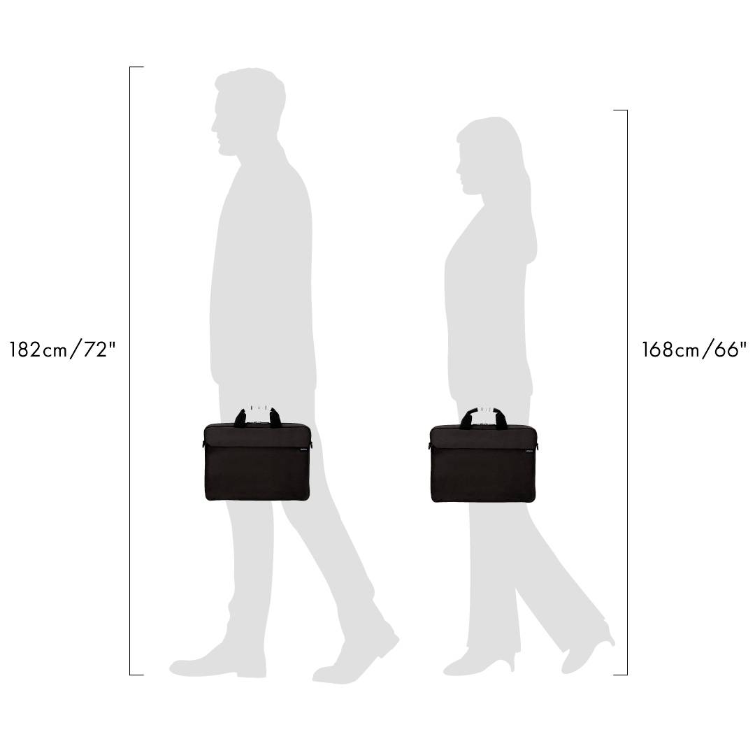 L'illustration présente deux silhouettes avec des valises. Une figure mesure 182 cm, l'autre 168 cm, à des fins de comparaison.