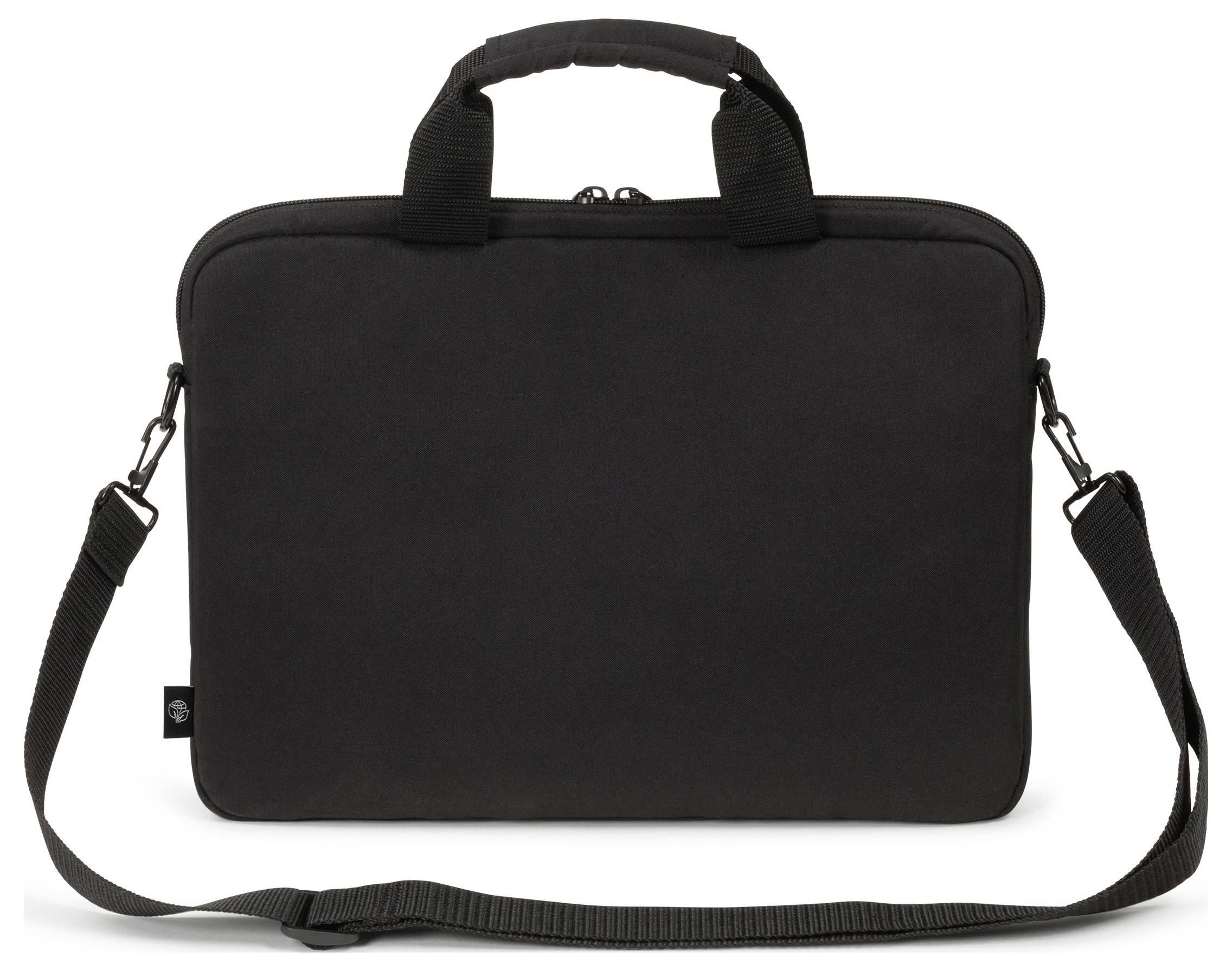 Sacoche pour ordinateur portable noire avec poignées et bandoulière amovible, adaptée au transport d'ordinateurs portables ou de documents.