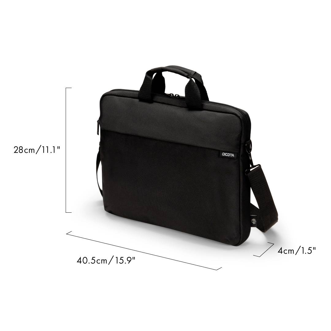 Un sac pour ordinateur portable noir avec bandoulière. Les dimensions sont de 28 cm de hauteur, 40,5 cm de largeur et 4 cm de profondeur.