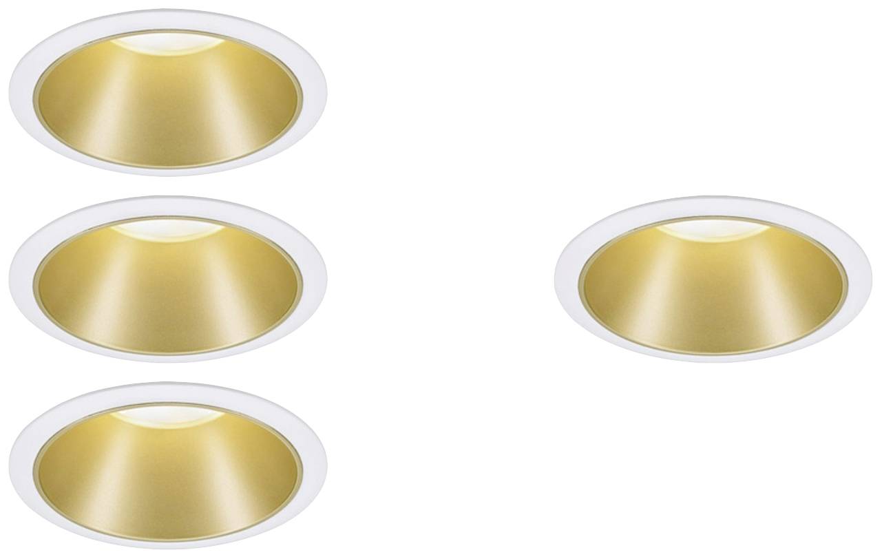 Image lumineuse avec quatre luminaires circulaires de couleur or sur un fond blanc, représentant un dispositif d'éclairage moderne.