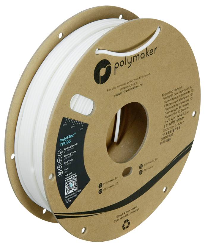 Une bobine de filament blanc pour imprimante 3D de Polymaker, type PolyFlex TPU95. Le filament est élastique et convient pour des impressions flexibles.