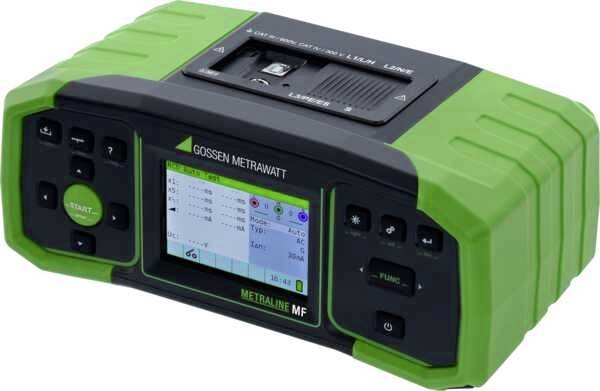 Appareil de mesure portable vert avec écran LCD, boutons et le logo 'Gossen Metrawatt'. Affiche des valeurs électriques.