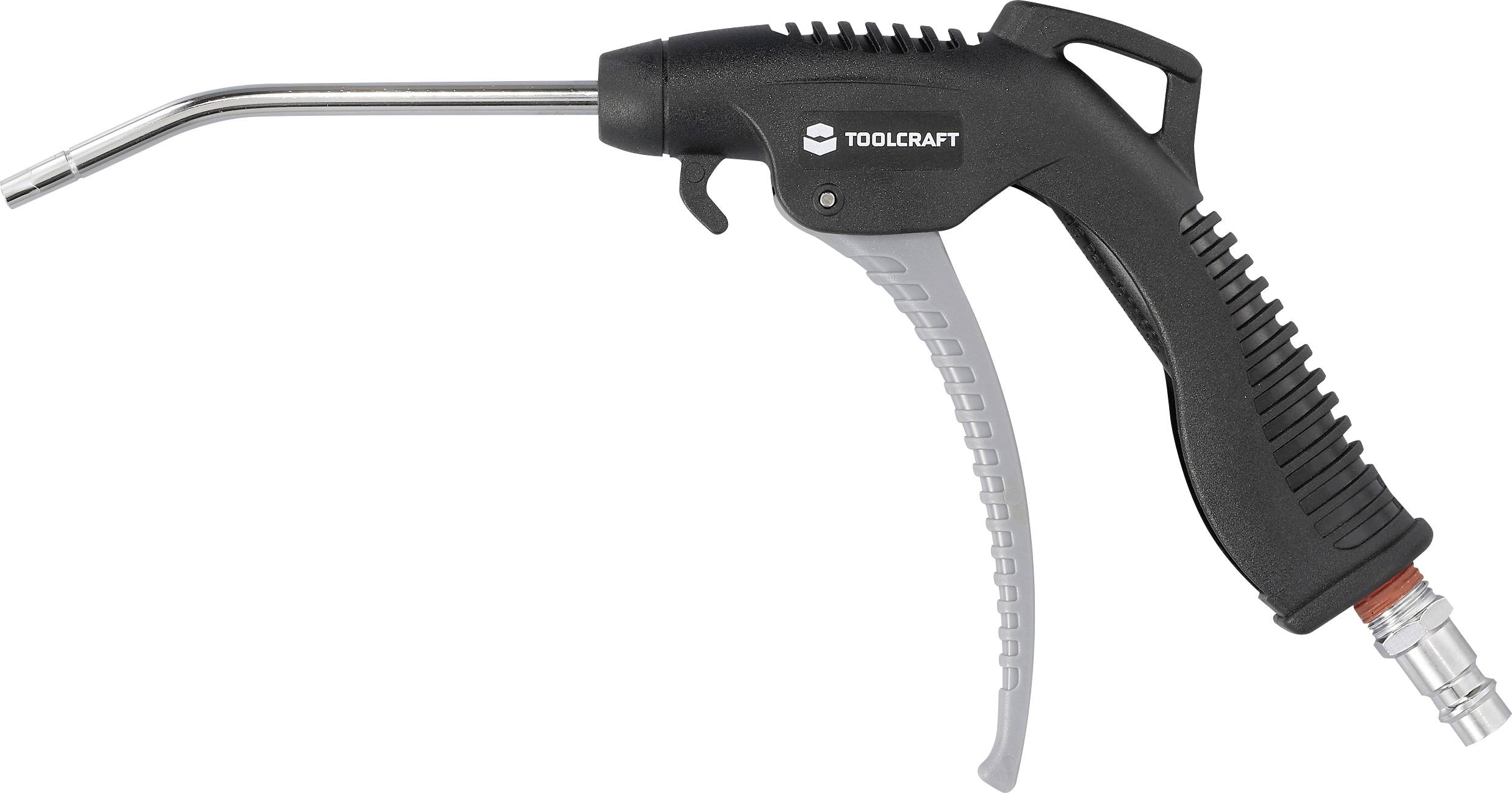 'Pistolet à air comprimé avec poignée grise et long tube métallique, corps noir. Adapté pour le nettoyage ou le séchage à l'air comprimé.'