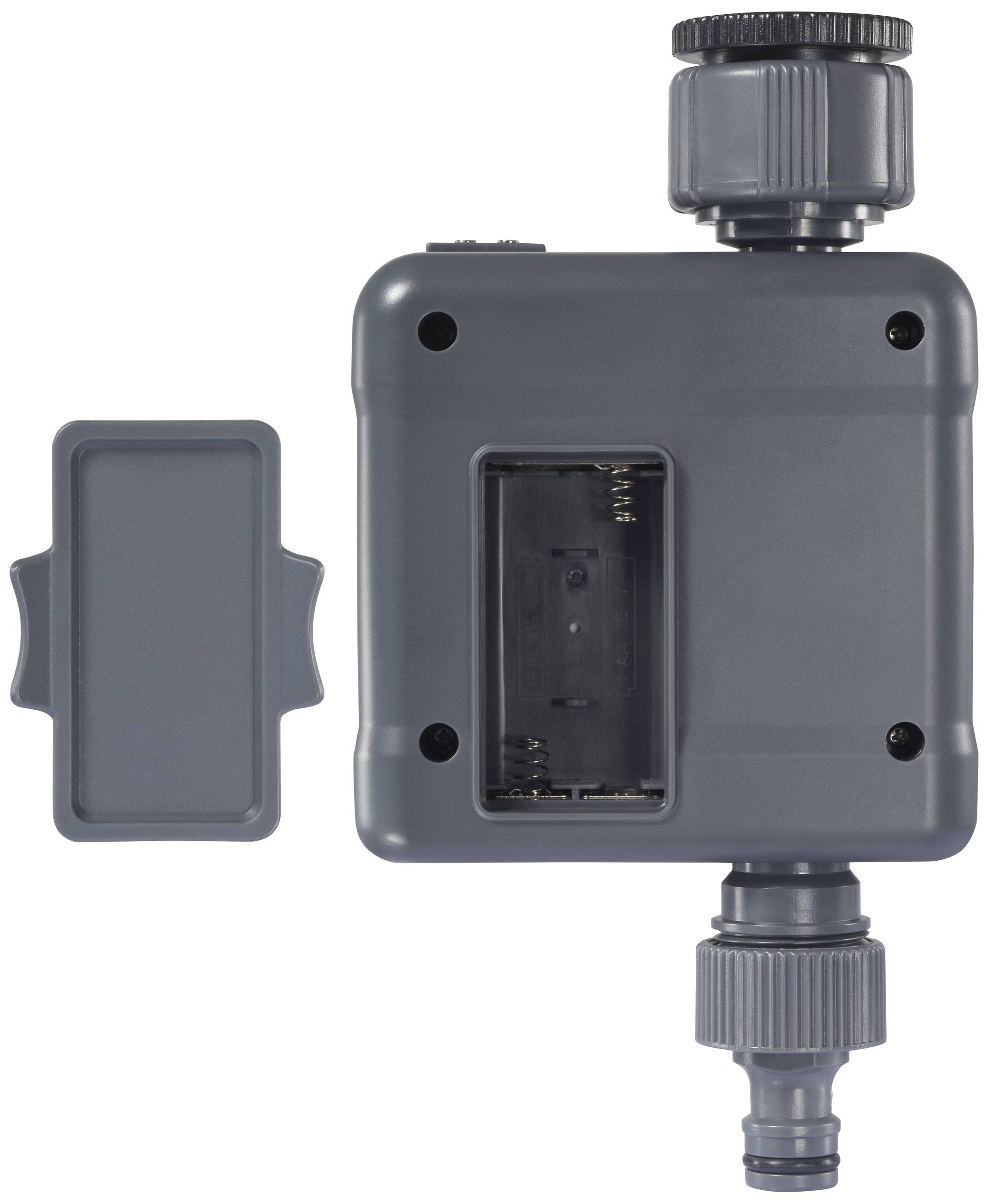Un dispositif d'irrigation gris et rectangulaire avec un compartiment de batterie ouvert et des connexions pour l'alimentation en eau, à côté duquel se trouve un couvercle de batterie détaché.