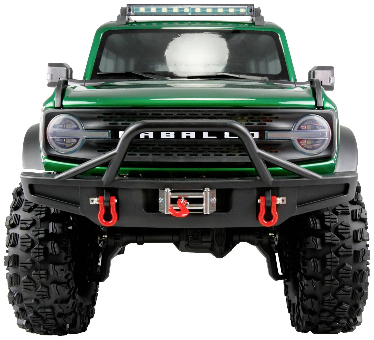 Une voiture jouet verte de style Jeep avec de grandes roues et une barre lumineuse LED sur le toit, vue de face.