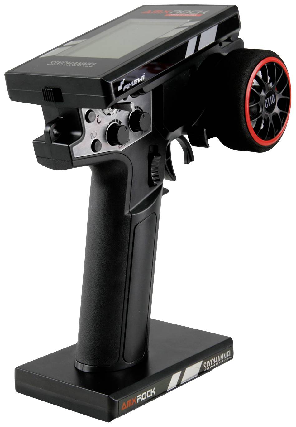 Télécommande pour voiture radiocommandée avec écran d'affichage et éléments de commande, comprenant un grand bouton rotatif et plusieurs touches de contrôle.