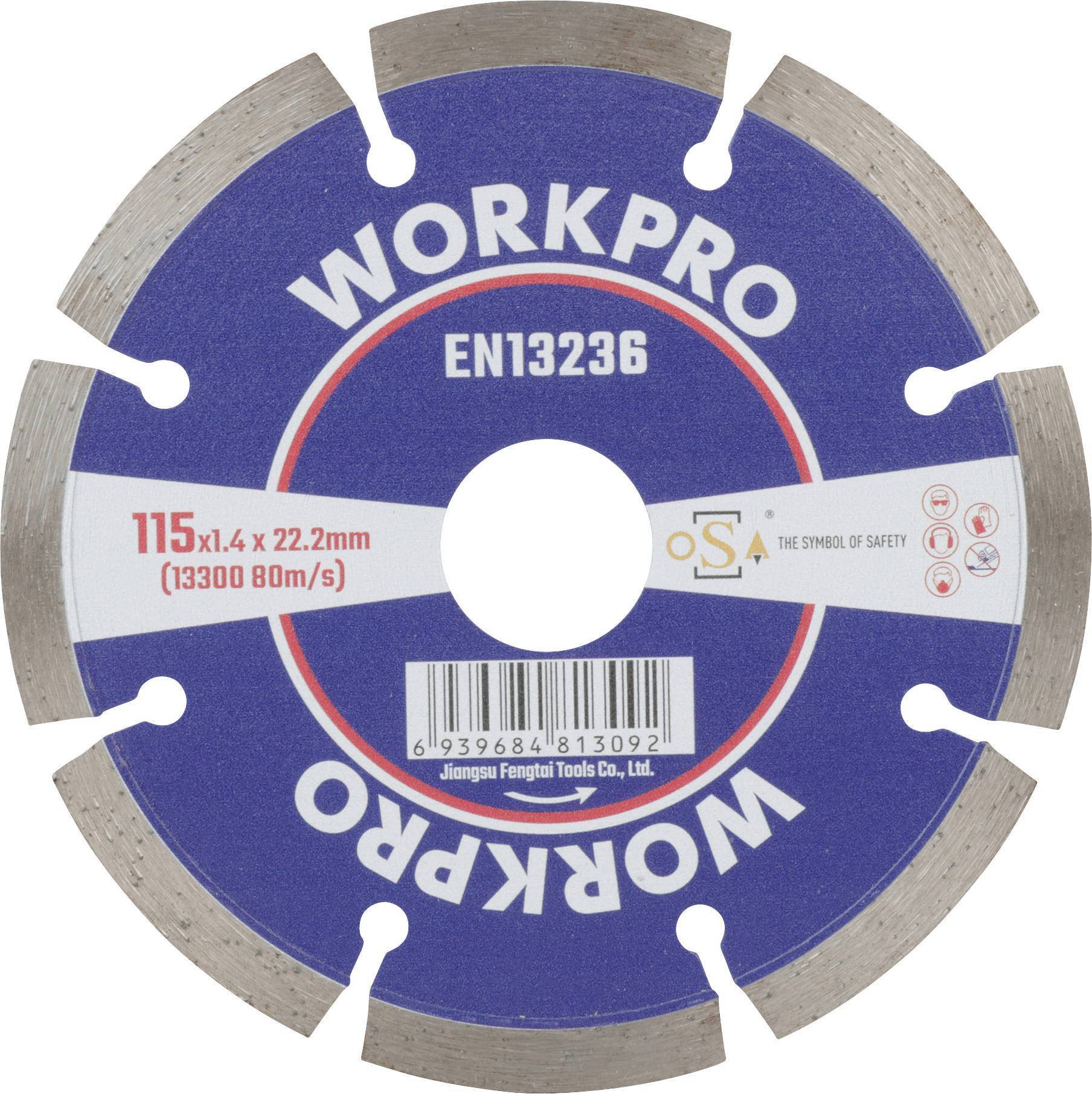 Un disque de coupe en argent et bleu portant l'inscription 'WORKPRO EN13236'. Dimensions : 115 x 1,4 x 22,2 mm, 13 300 tr/min.