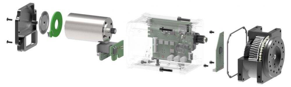 Vue éclatée d'un moteur électrique montrant les composants tels que le boîtier, les enroulements et l'arbre de transmission, présentés dans l'ordre de leur assemblage.