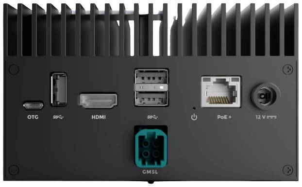 Vue arrière d'un appareil avec les ports suivants : USB-C, HDMI, deux ports USB-A, Ethernet pour PoE, une prise DC 12V et un connecteur GMSL.