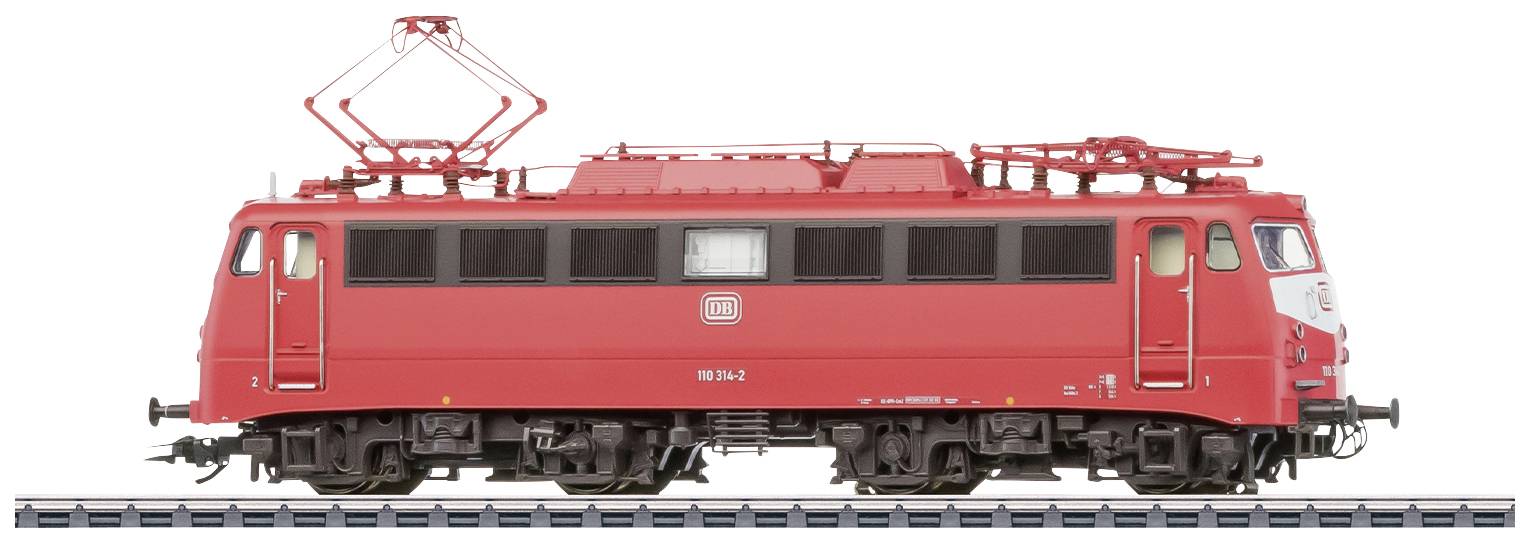 Un modèle rouge d'une locomotive électrique de la Deutsche Bahn sur une voie ferrée.