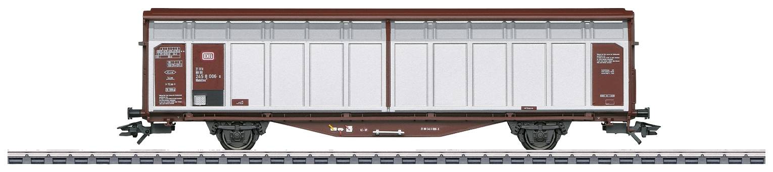 Wagon de marchandises sur rails, peint en rouge et blanc, vue latérale, sans personnes, adapté au transport de marchandises.