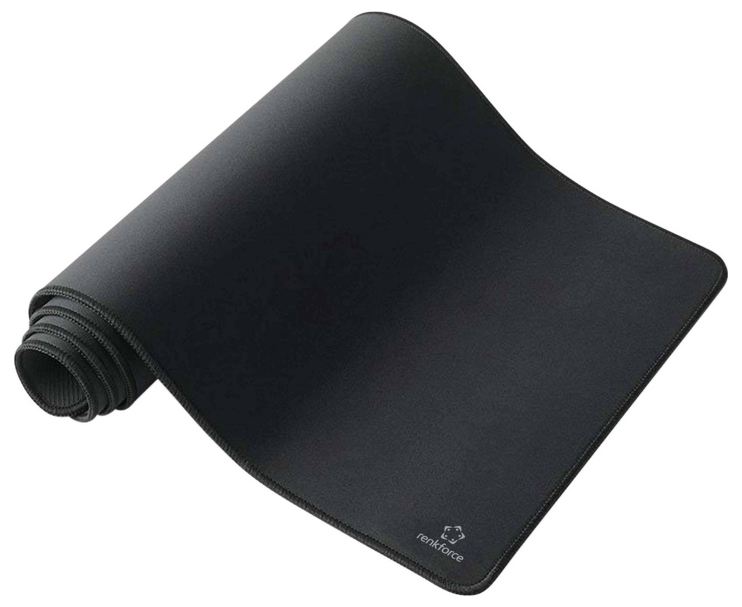 Un sous-main noir, enroulable, en matériau antidérapant avec un symbole discret de recyclage dans un coin. Adapté pour la souris d'ordinateur et le clavier.