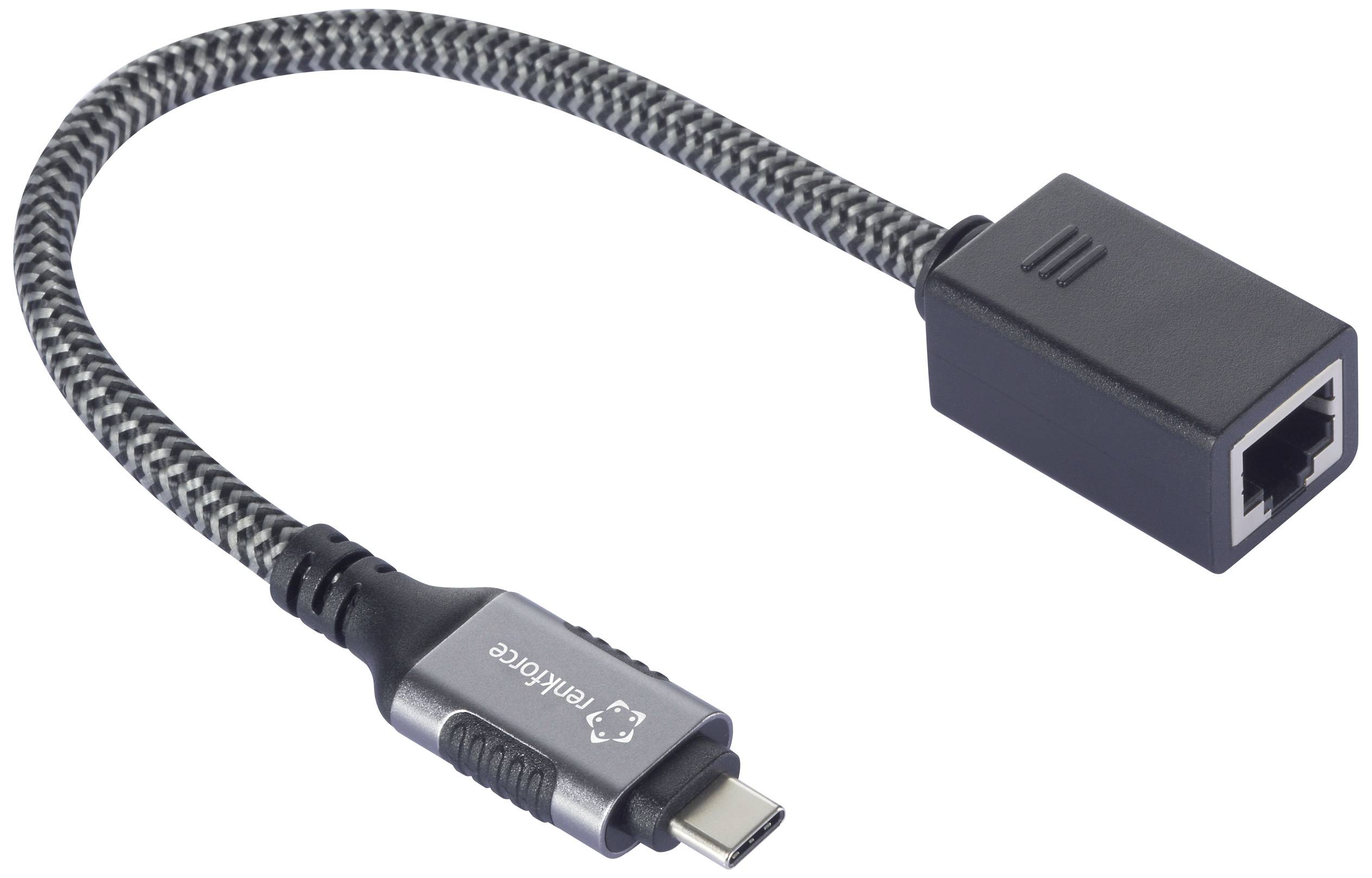 Adaptateur USB-C vers Ethernet avec câble tressé, adapté aux connexions réseau sur des appareils avec interface USB-C.