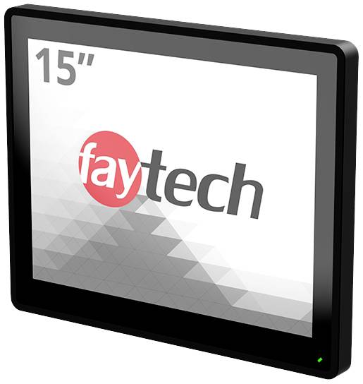 Un écran de 15 pouces avec le logo 'faytech', un cadre noir et une LED de fonctionnement verte en bas à droite.
