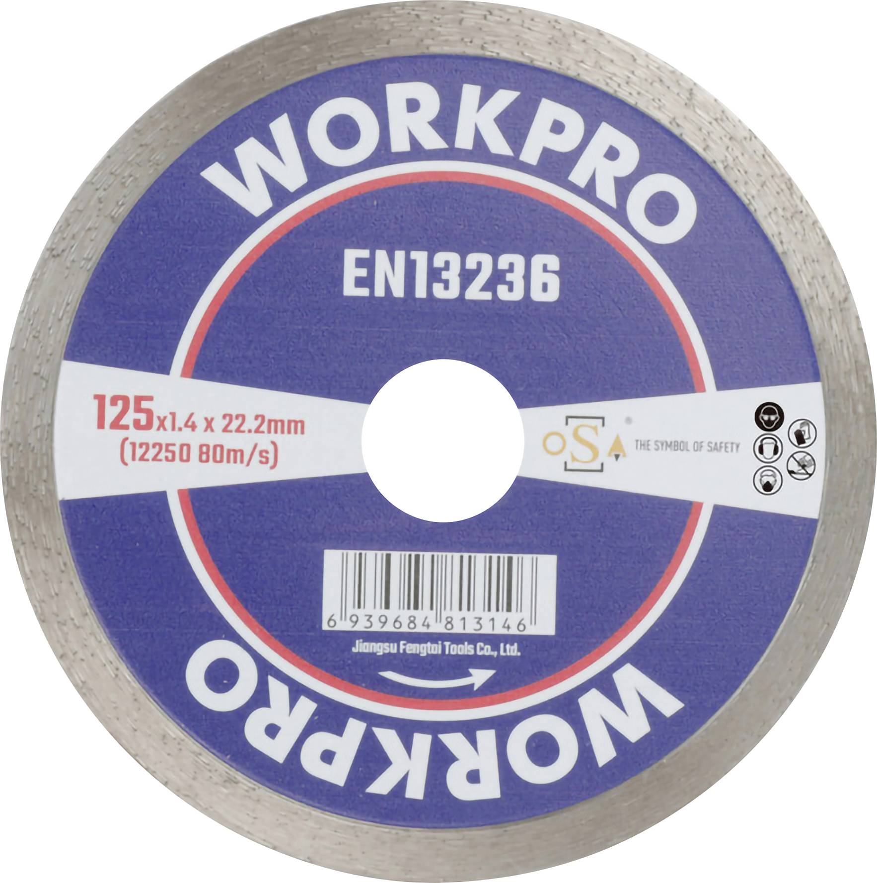 Disque de meulage avec étiquette bleue, portant les mentions 'WORKPRO' et 'EN13236'. Diamètre 125 x 1,4 x 22,2 mm, vitesse maximale 12250 tr/min.