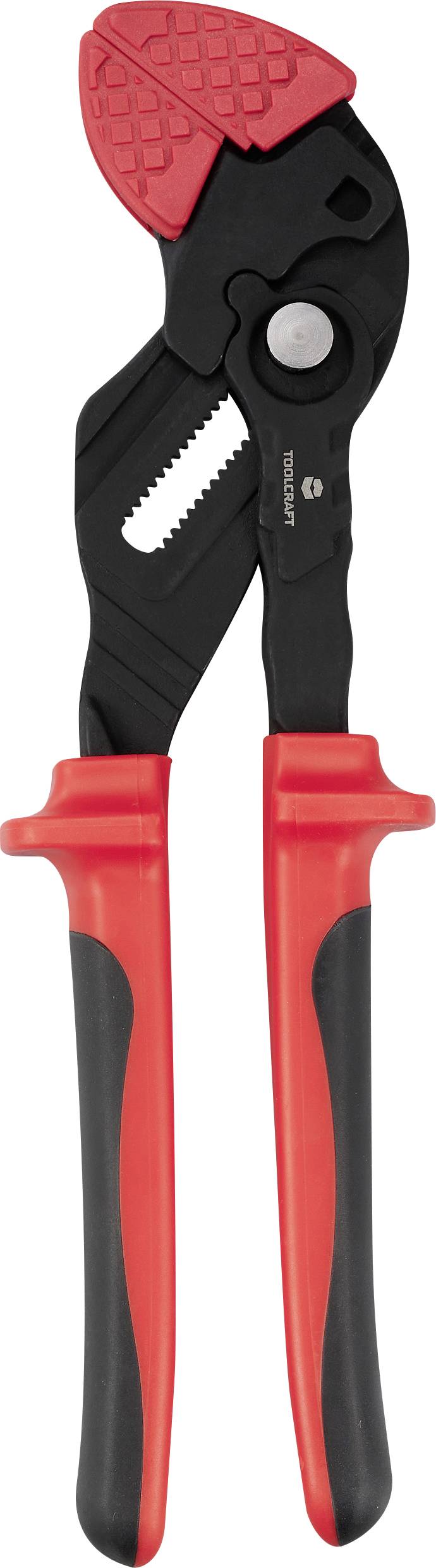 Une pince à poignées rouges et mâchoires noires dentelées, adaptée pour une utilisation dans divers travaux manuels.