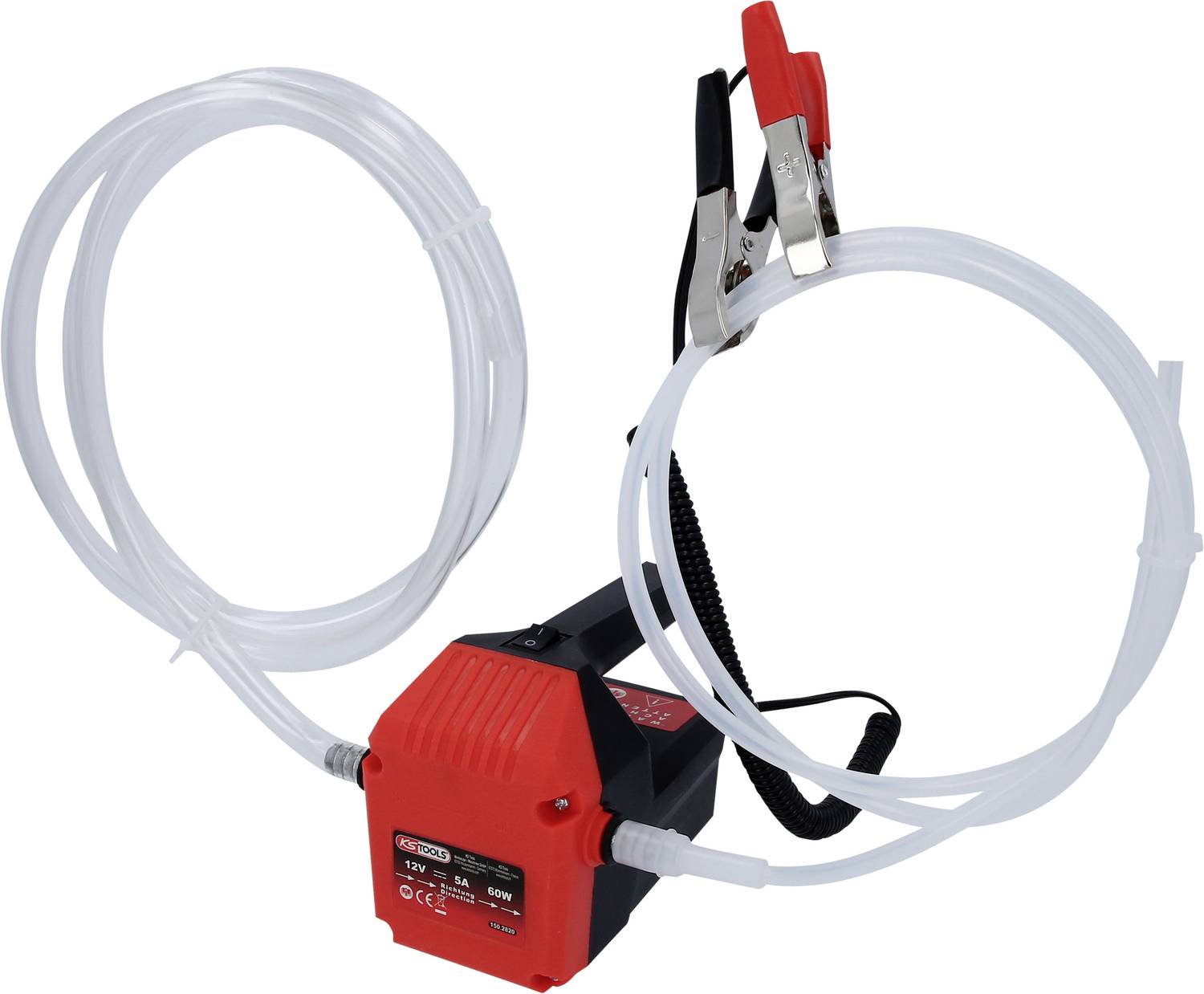 Pompe électrique rouge avec tuyaux et pinces ; adaptée pour le transfert de liquides.