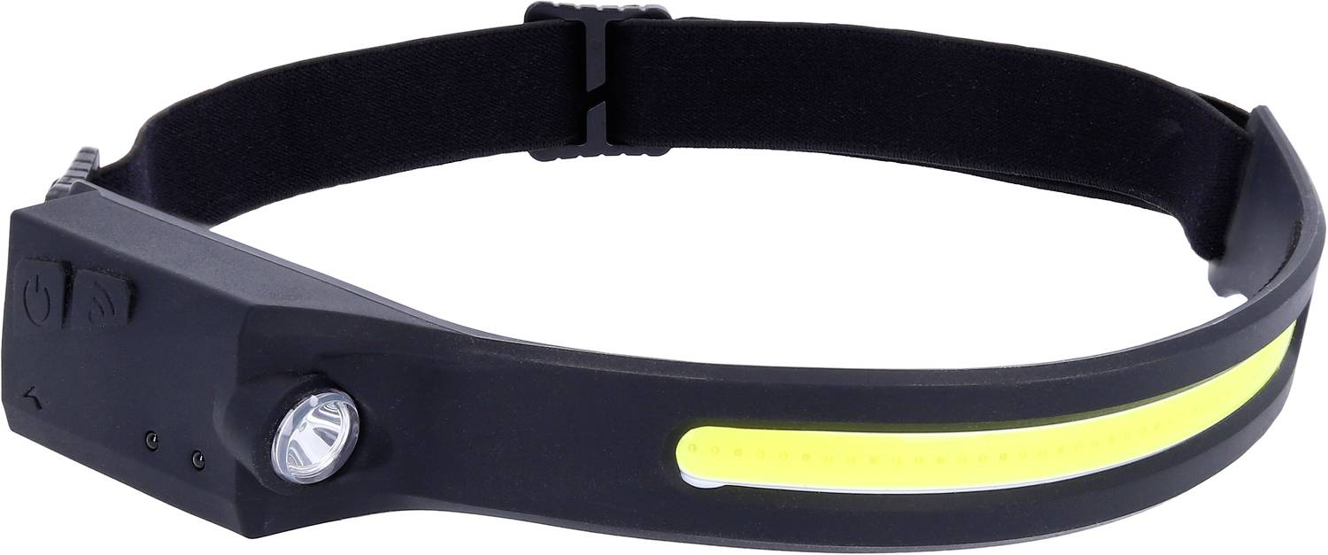 Bandeau noir avec éclairage LED intégré et bande jaune, adapté aux sports de loisir et aux activités de plein air en période nocturne.
