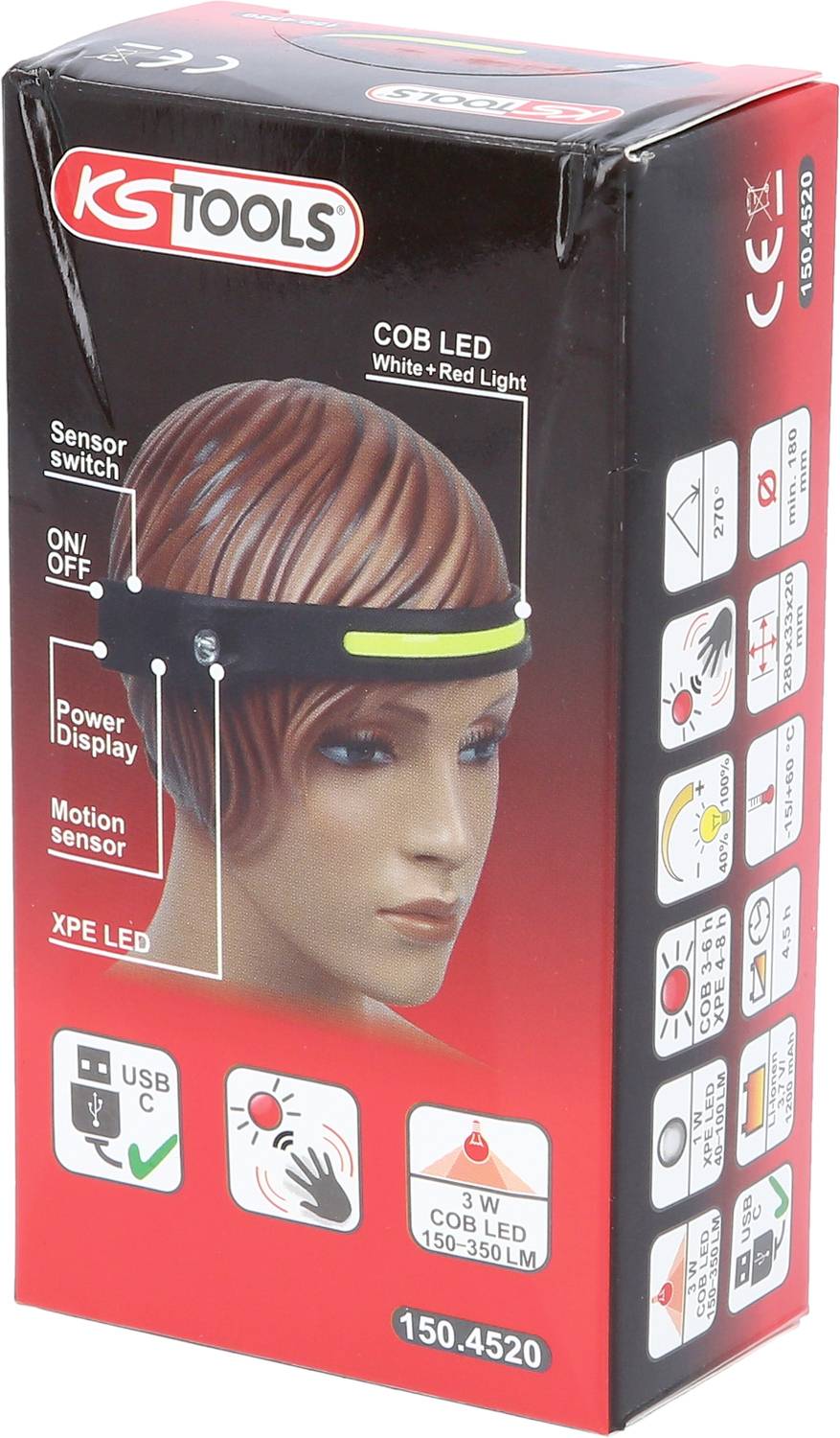 Emballage d'une lampe frontale à LED COB, avec détecteur de mouvement, port USB-C et indicateur de puissance. Affichage de LED blanches et rouges.