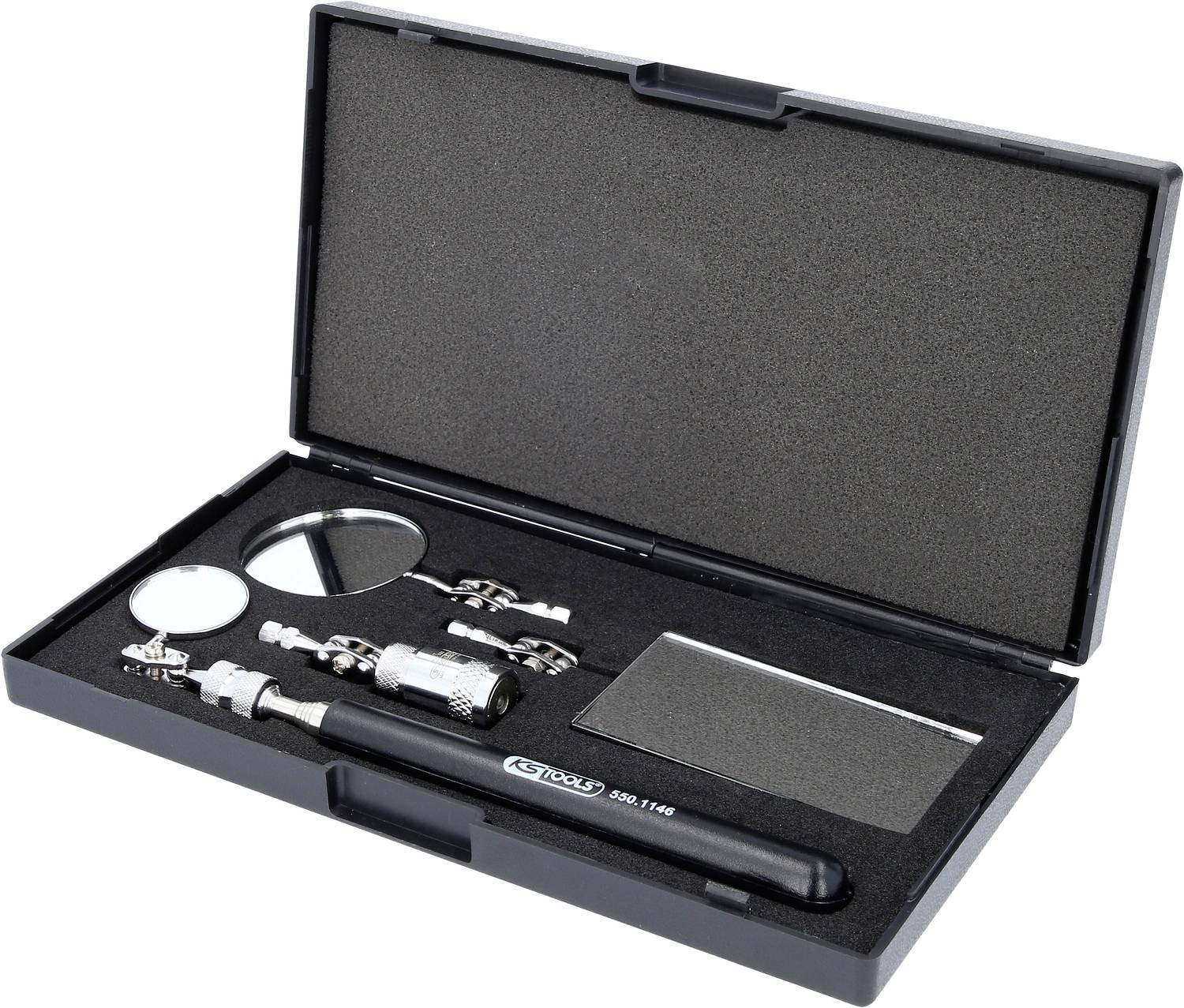'Kit avec miroir, outils d'inspection et boîtes de rangement dans un étui noir ouvert. Adapté pour les zones difficiles d'accès.'