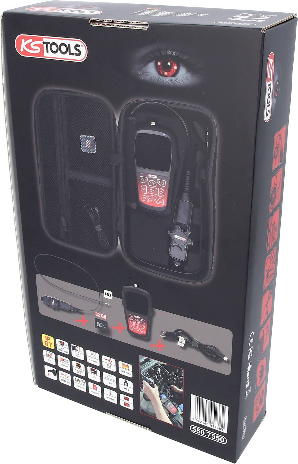Emballage d'un endoscope KS Tools avec image du produit, une caméra avec écran et accessoires dans un étui ; pour des fins d'inspection.