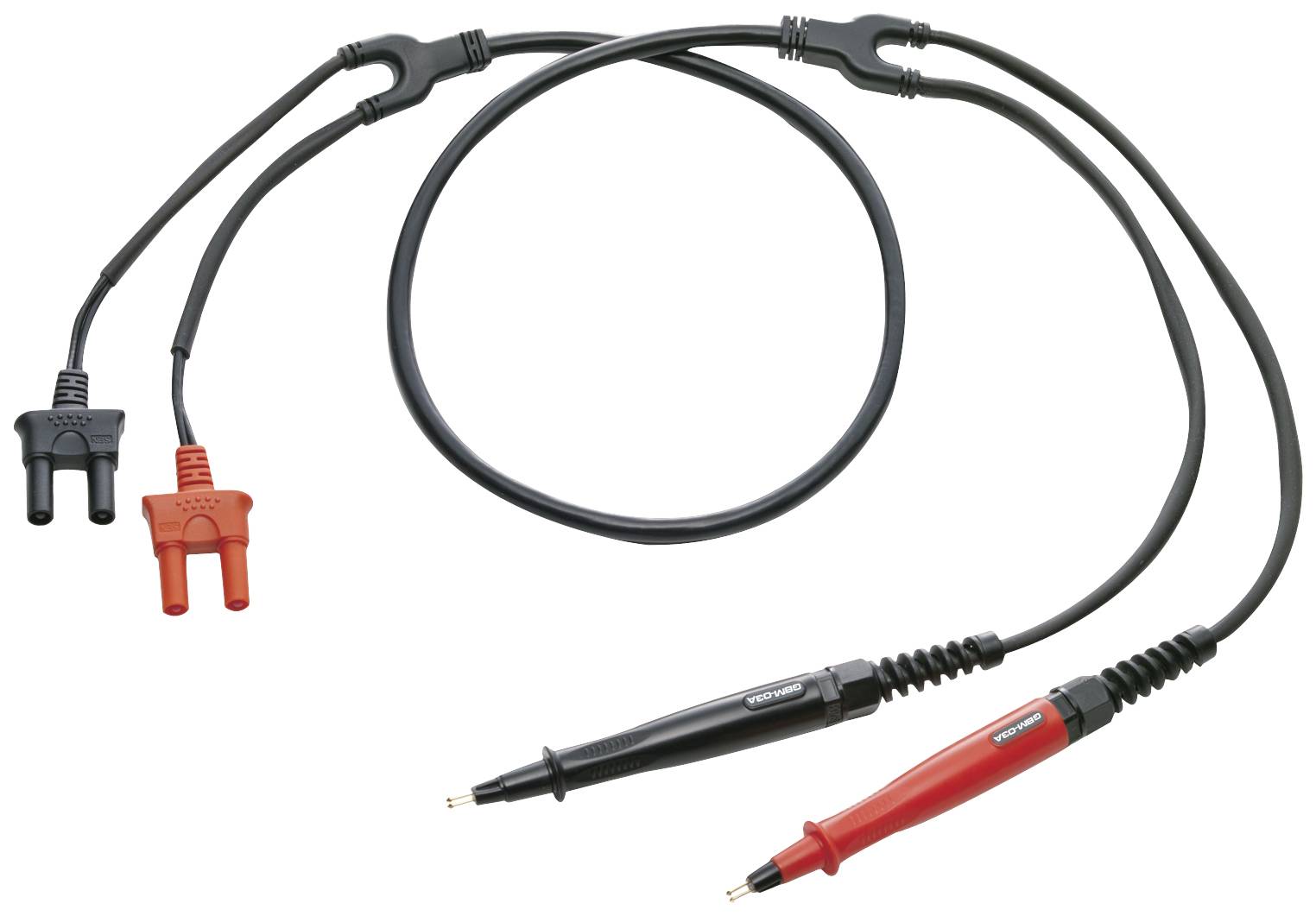 Un jeu de câbles de mesure avec des fiches noir et rouge, typiquement utilisé pour les tests électriques et les mesures de multimètres.