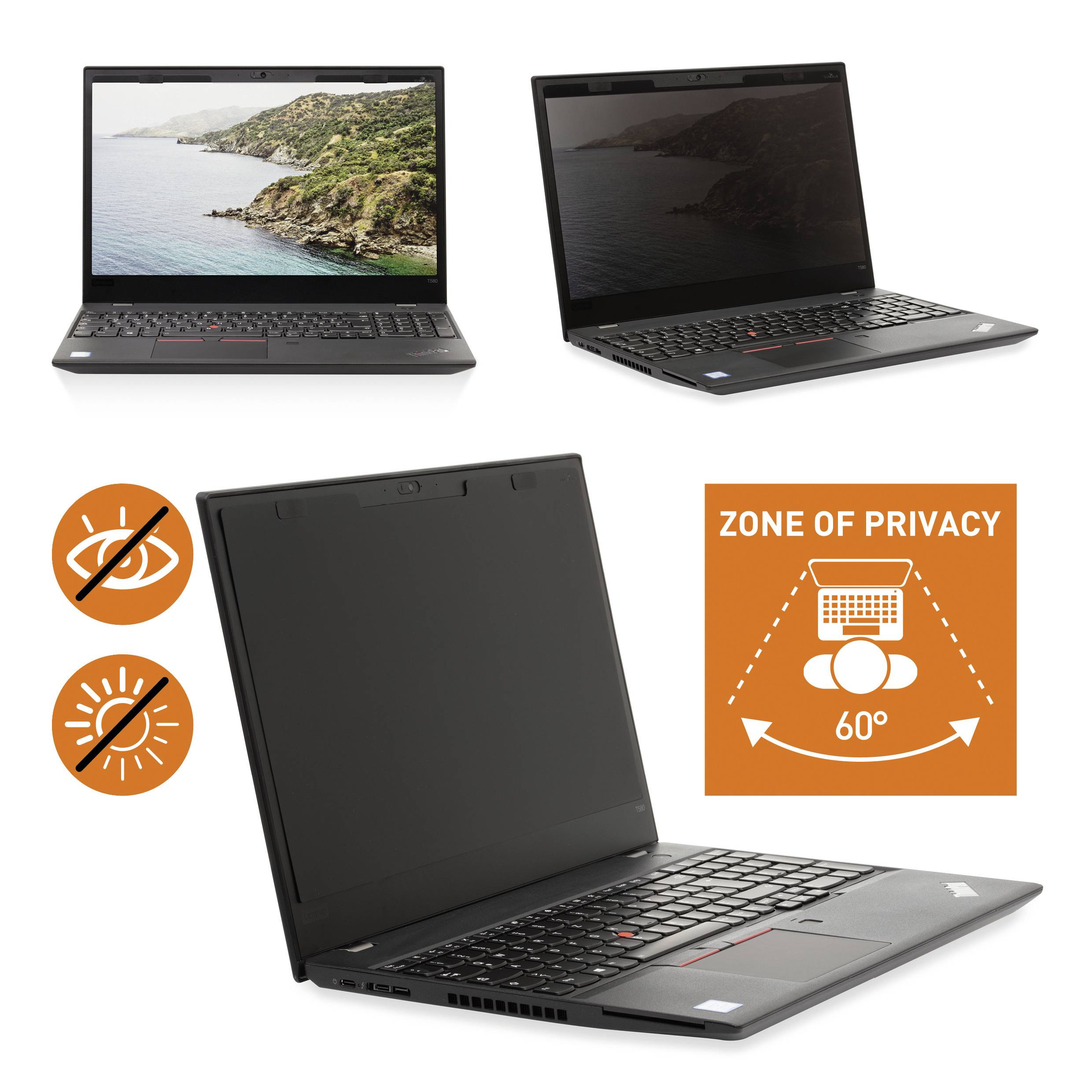 Trois ordinateurs portables avec des écrans différents : standard, antireflet et avec filtre de confidentialité, symbolisés par des pictogrammes orange.