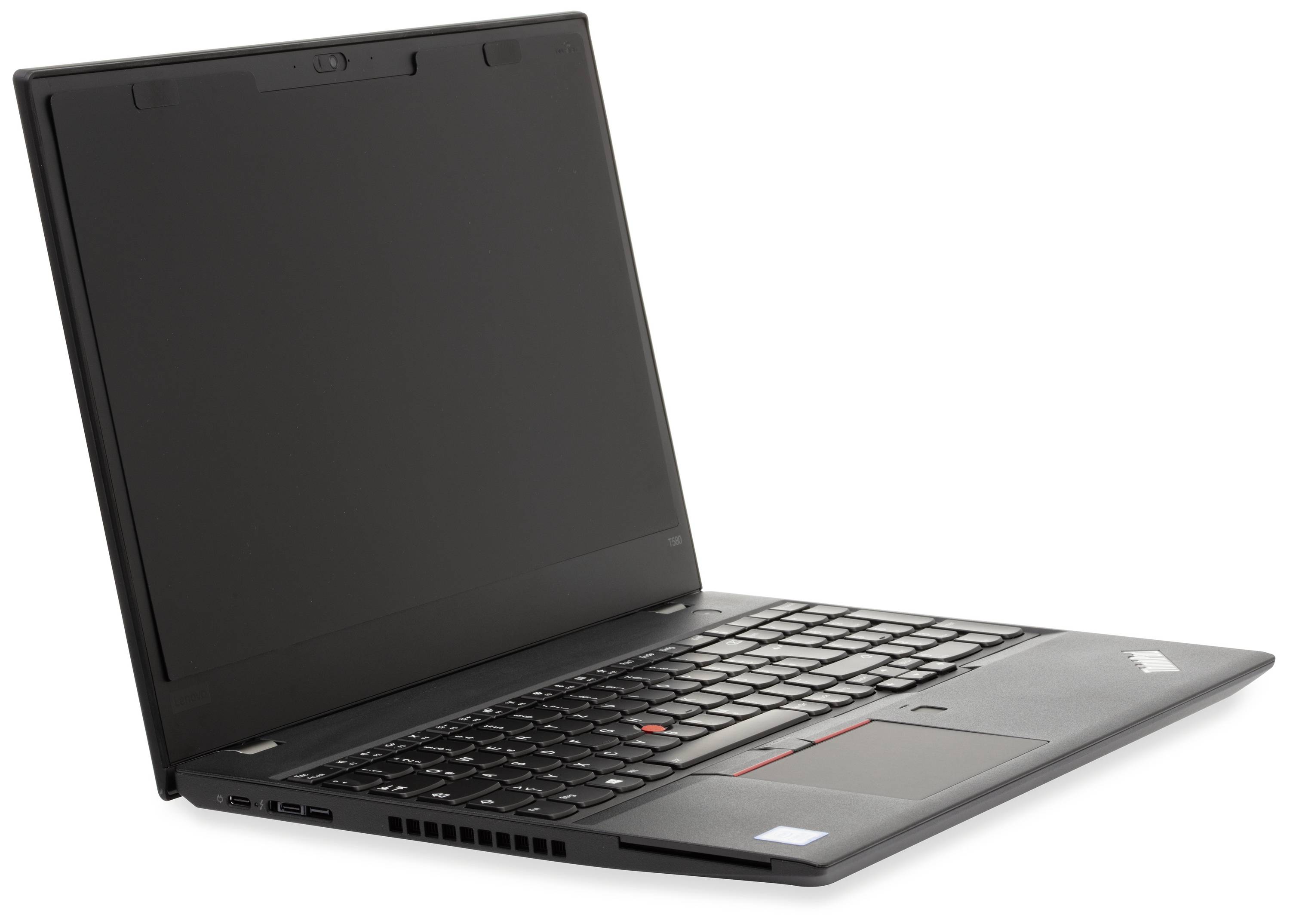 Un ordinateur portable avec un boîtier noir, ouvert avec vue sur le clavier.
