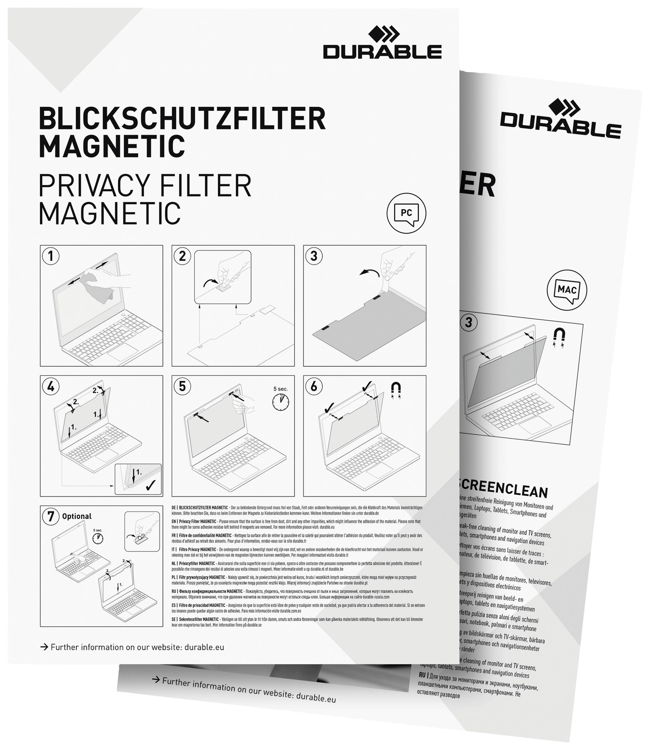 Instructions pour le filtre de confidentialité magnétique pour ordinateur portable. Étapes montrant comment installer le filtre sur l'écran de l'ordinateur portable.