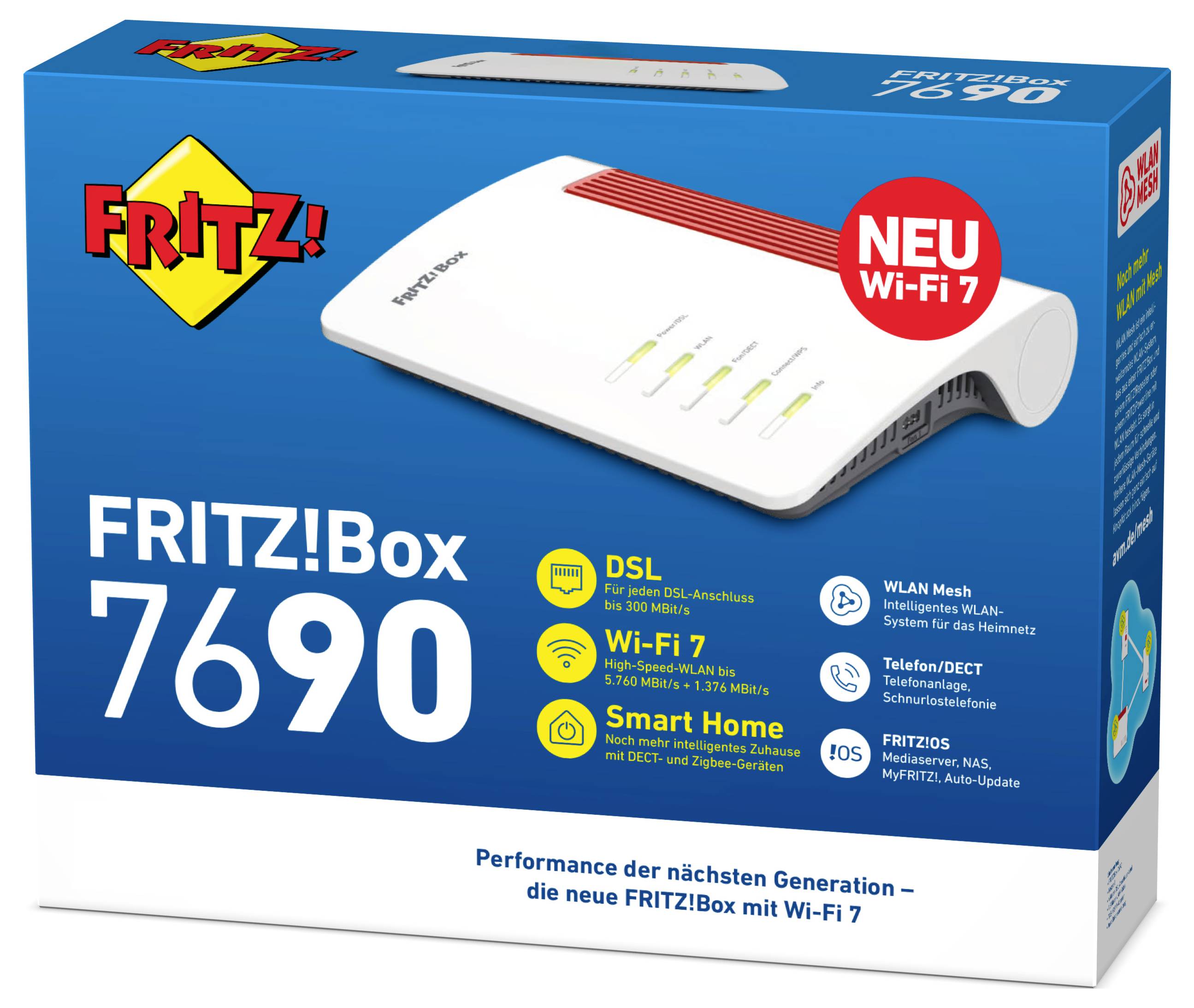 Emballage de la FRITZ!Box 7690 avec Wi-Fi 7, présentant un modèle de routeur blanc. Le texte met en avant DSL, WLAN Mesh, Mobile et Domotique.