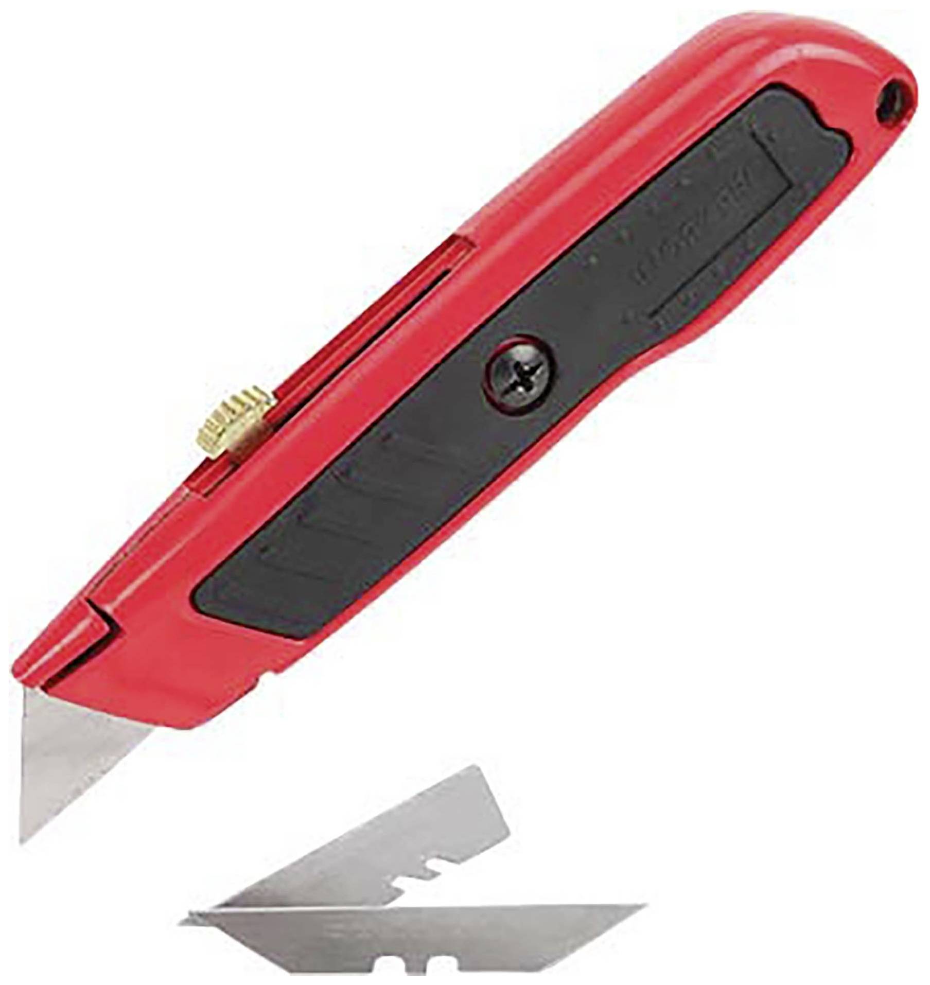 Un couteau multifonction rouge avec un manche noir et une lame déployée. Deux lames de rechange sont posées devant.