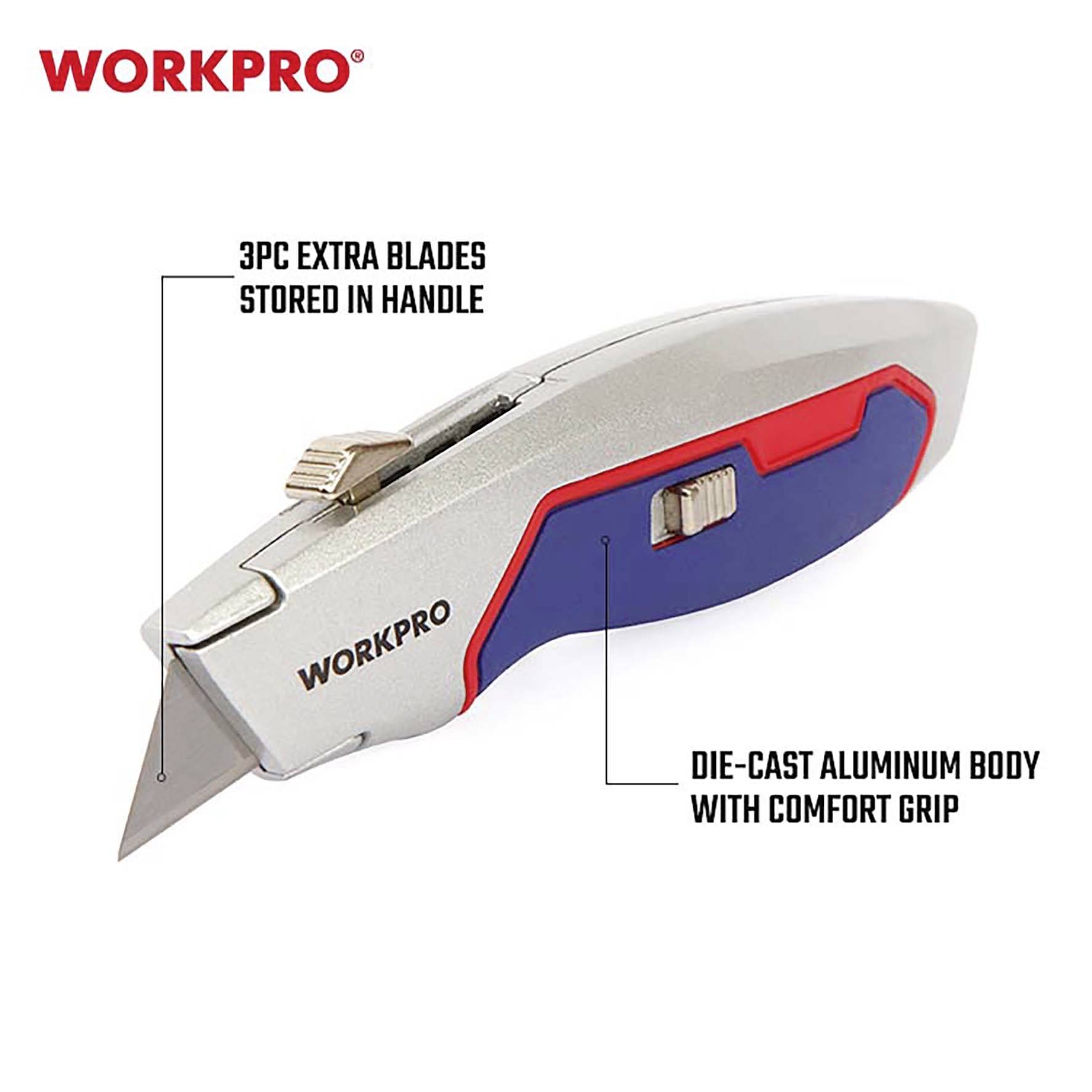 Couteau multifonction de WORKPRO avec lame rétractable. Trois lames de rechange rangées dans le manche. Boîtier en aluminium avec poignée ergonomique.