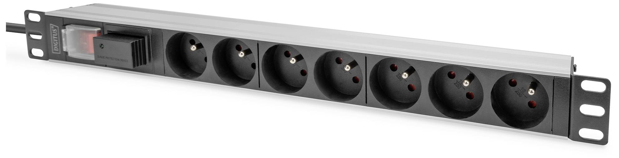 Multiprise avec huit prises Schuko et interrupteur marche/arrêt, adaptée pour une fixation sur une surface.