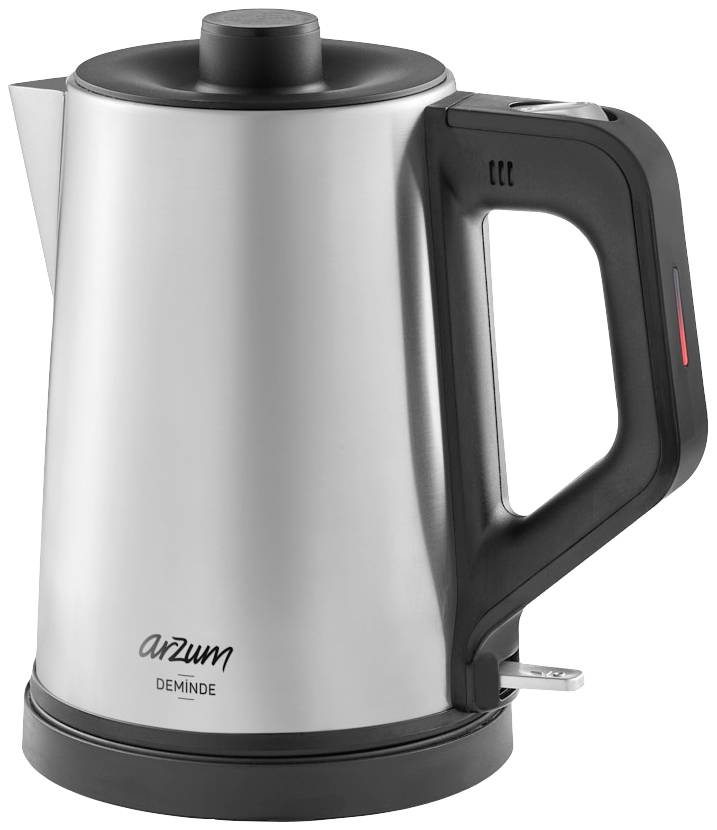 Bouilloire argentée avec poignée et couvercle noirs, de la marque 'Arzum'. Elle est posée sur une base noire et présente un design moderne.