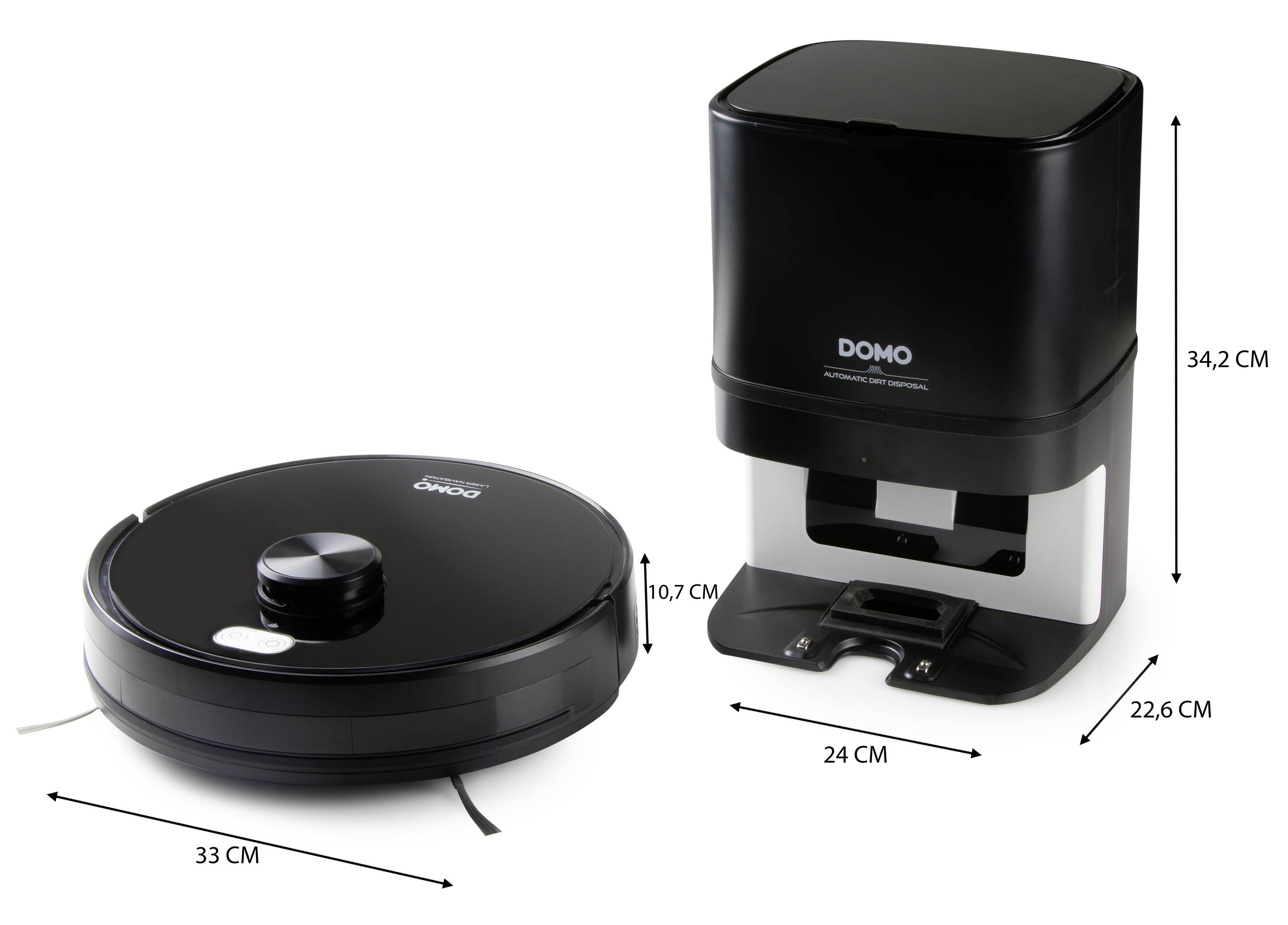 Aspirateur robot et station de charge de DOMO, dimensions : robot 33 cm de diamètre, 10,7 cm de hauteur ; station 24 cm de largeur, 22,6 cm de profondeur, 34,2 cm de hauteur.