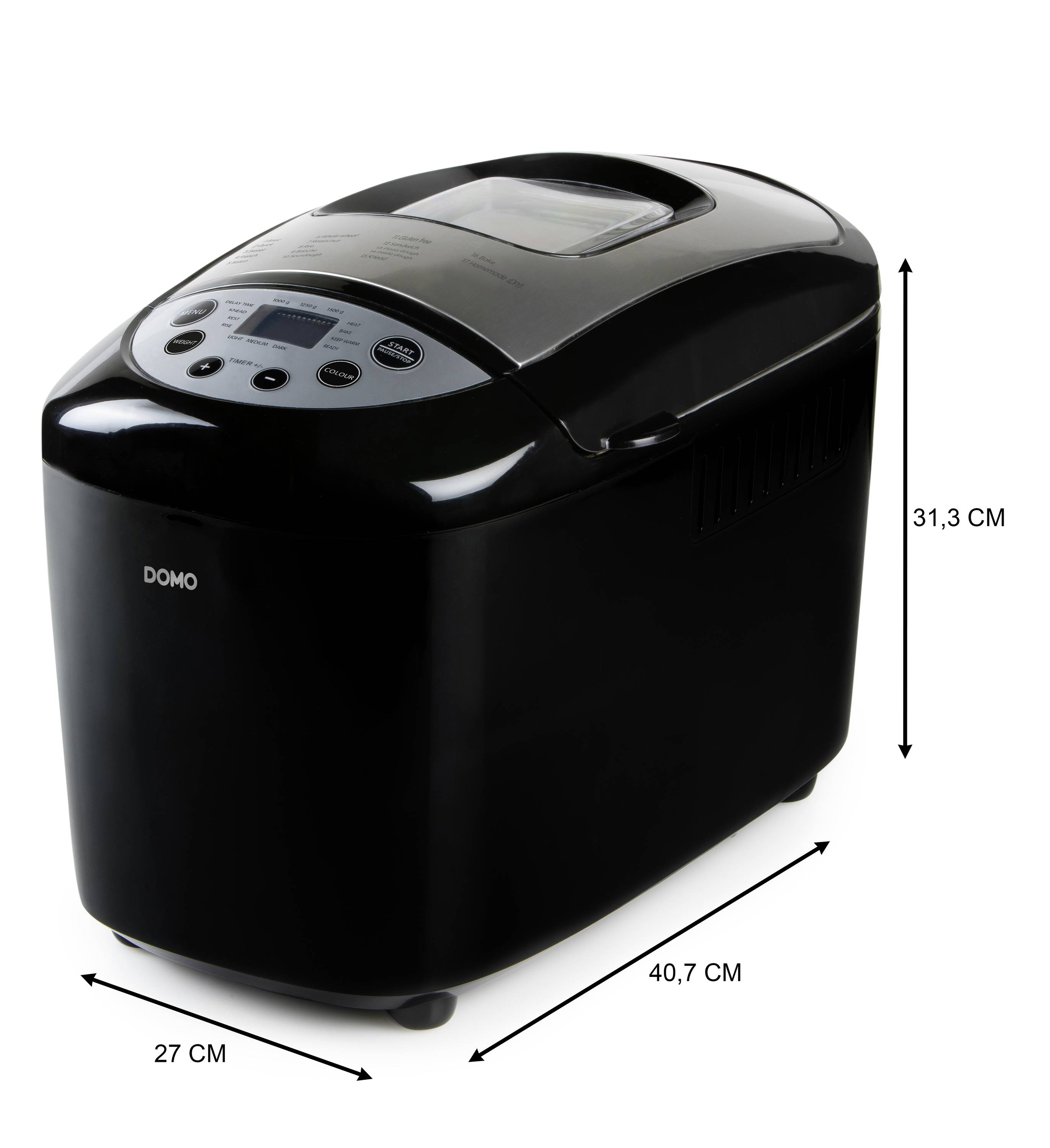 DOMO B3977 Machine à pain avec écran, revêtement anti-adhésif, fonction minuteur, avec verre doseur 1500 g noir