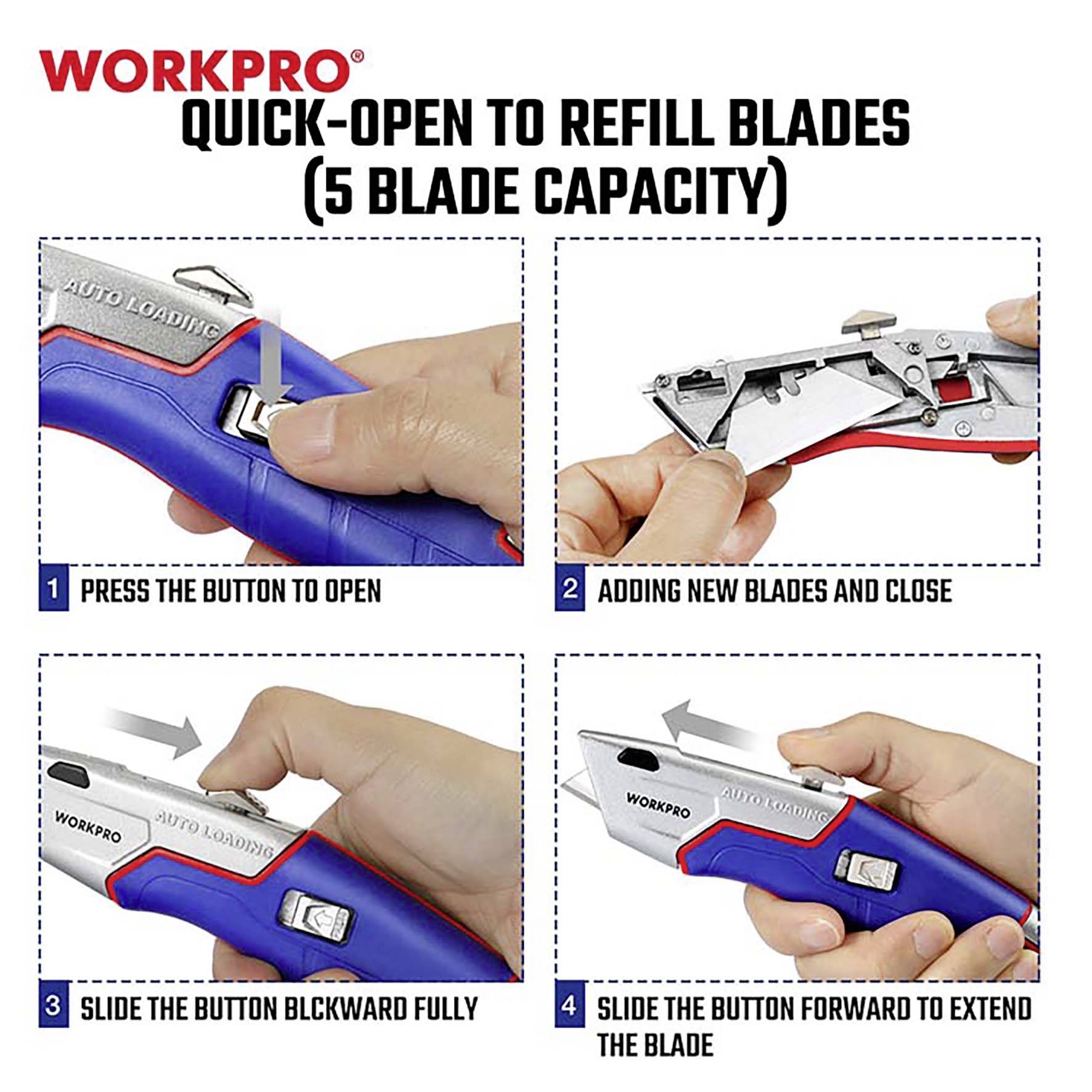 Instructions d'utilisation : Couteau universel 'WORKPRO'. Étape 1 : Appuyer sur le bouton. Étape 2 : Insérer la lame. Étape 3 : Faire glisser. Étape 4 : Sortir la lame.