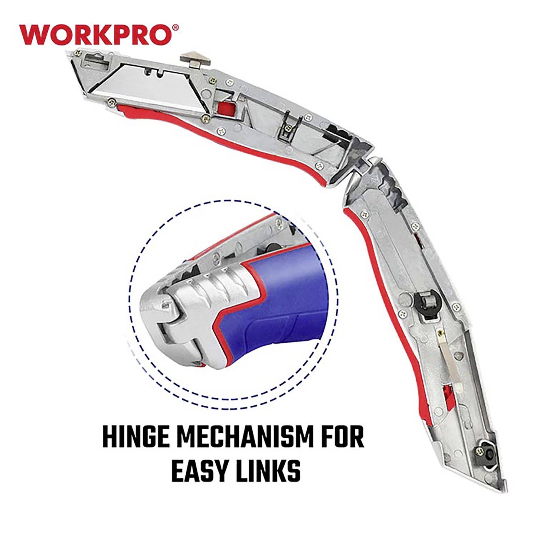 Couteau pliant Workpro avec mécanisme articulé facilitant la connexion. La poignée rouge et bleue souligne le design.