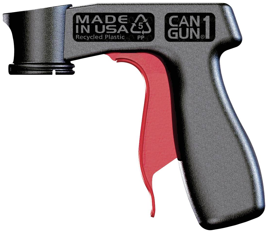 Poignée de bombe aérosol noire en plastique recyclé avec gâchette rouge. Texte sur la poignée : 'Made in USA, Recycled Plastic, Can Gun 1'.