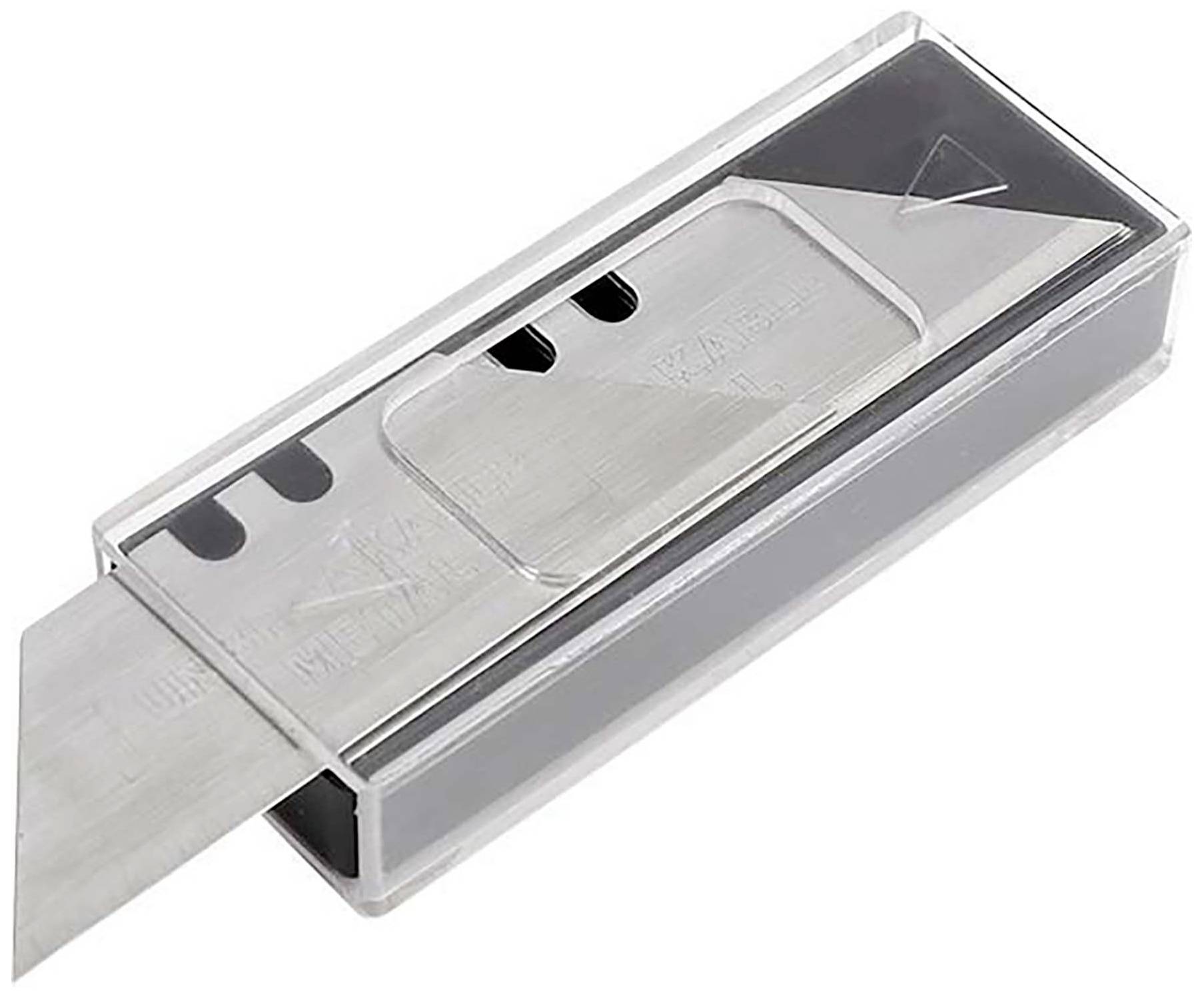 Un chargeur de lames avec une lame de rechange extractible dans un boîtier en plastique transparent. Adapté pour les travaux manuels.