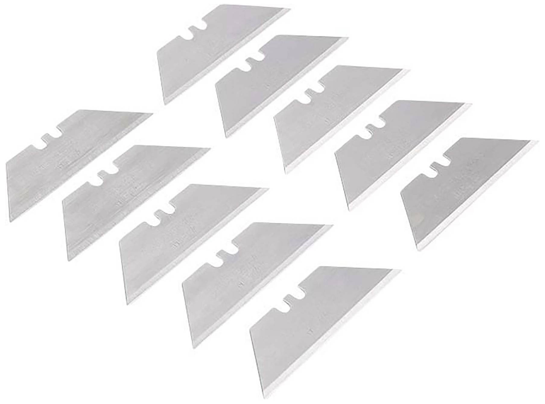 Dix lames trapézoïdales sont disposées sur un fond blanc. Chacune possède un tranchant acéré et une forme fine.