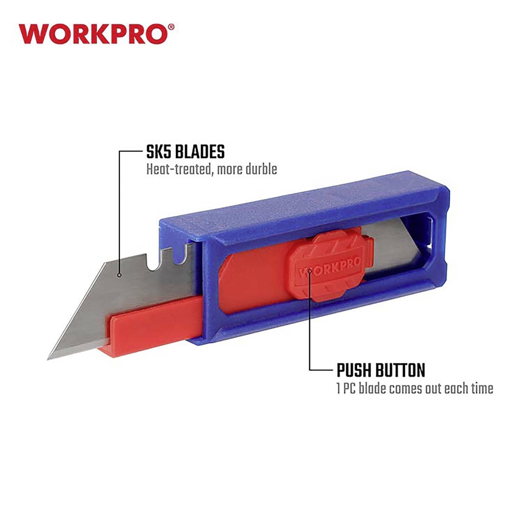 Photo d'outil : Poignée de cutter bleue avec dispositif coulissant rouge et lame argentée. Le texte mentionne des lames SK5 et un bouton-poussoir.