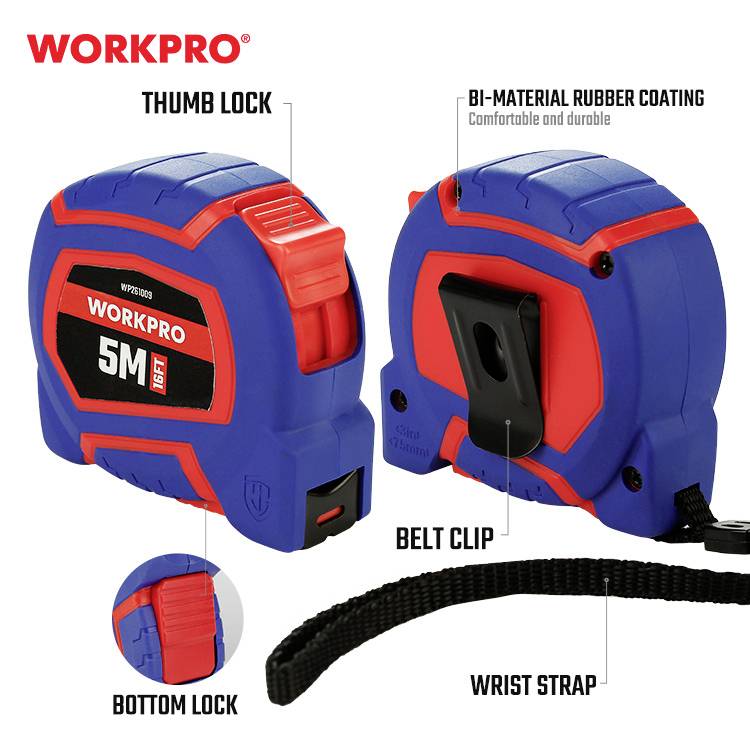 Ruban à mesurer WORKPRO 5M/16FT, bleu-rouge, avec verrouillage du pouce et du sol, clip de ceinture et sangle. Inscription : 'REVÊTEMENT CAOUTCHOUC BI-MATÉRIAU'.
