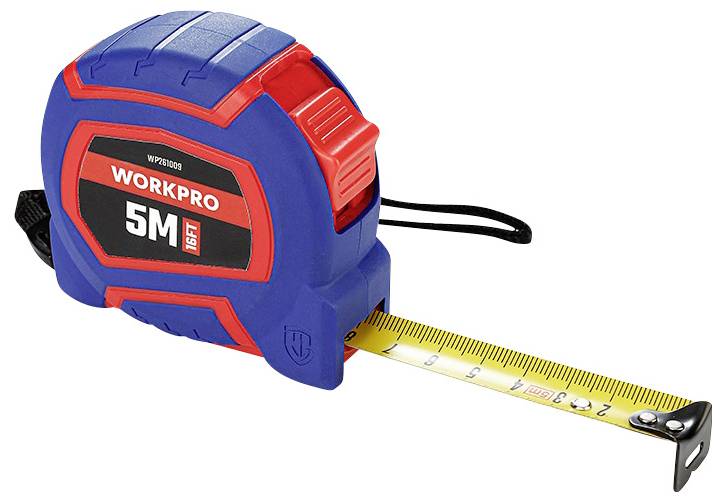 Ruban de mesure bleu et rouge de 5 mètres déroulé. Il porte le logo et l'inscription 'WORKPRO 5M'.