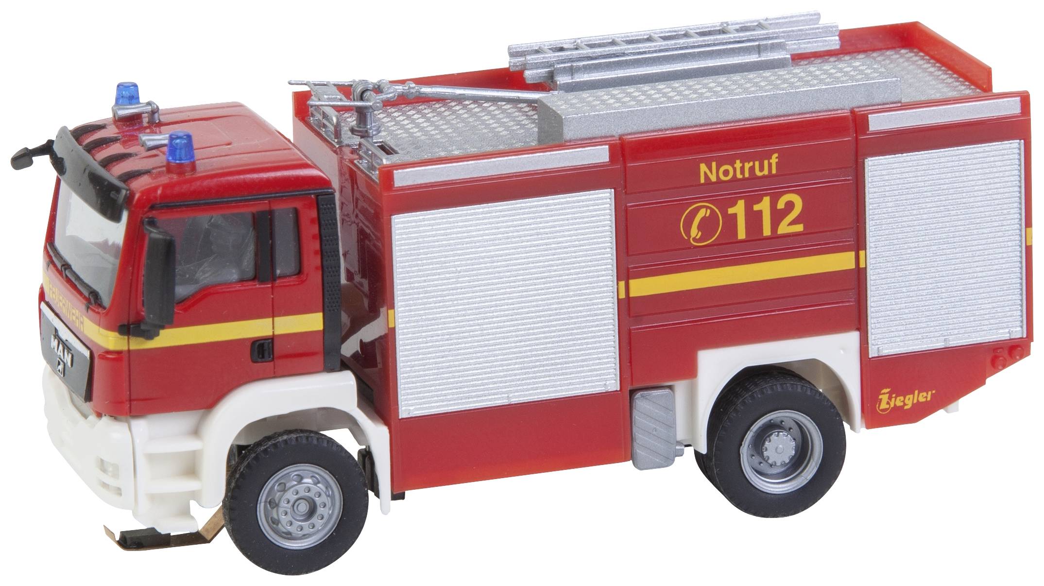 Camion de pompiers rouge avec 'Appel d'urgence 112' et logo 'Ziegler', conçu avec de nombreux détails, sur fond blanc.