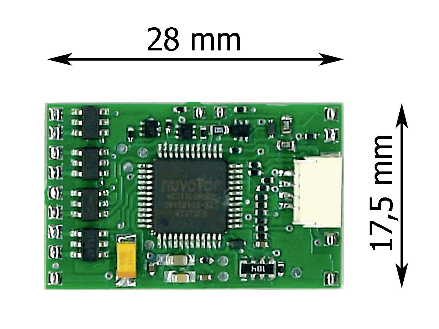 Petite carte de circuit imprimé verte, rectangulaire, mesurant 28 mm de large et 17,5 mm de hauteur, avec des composants électroniques visibles.
